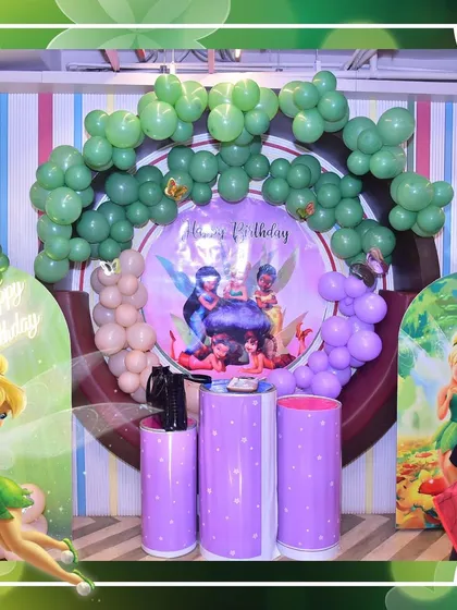 A magical Tinkerbell-themed birthday setup. With enchanting fairy-inspired decor and a sprinkle of pixie dust, we create a whimsical forest setting straight out of Neverland.
