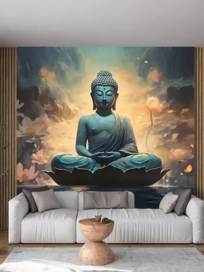 A serene Buddha wallpaper mural, perfect for a meditation space or living room. The Buddha is depicted sitting on a lotus over water, radiating a calm, golden light.