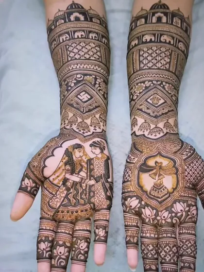 A classic design showing the varmala ceremony. The bride and groom portraits are the centerpiece, surrounded by auspicious symbols like the swastika and kalash.