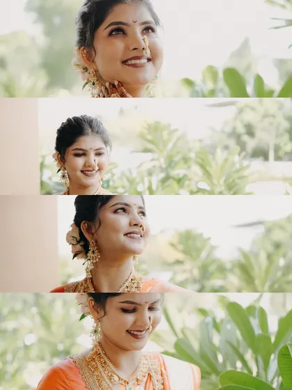 A film strip-style collage showing the many beautiful expressions of a bride on her wedding day. Each frame captures a different nuance of her happiness and anticipation.