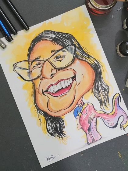 The final colored version of the super-woman caricature. The blend of yellow, pink, and blue makes her feel powerful and heroic.