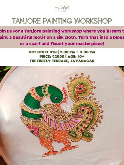 Discover the timeless beauty of Tanjore painting. In this special workshop, you'll learn to paint a beautiful, traditional motif on silk cloth, which you can then turn into a unique blouse or scarf.