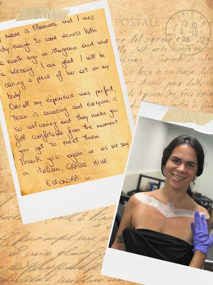 Eleonore's handwritten note, a beautiful testimonial from an international client who had a perfect experience at our studio.