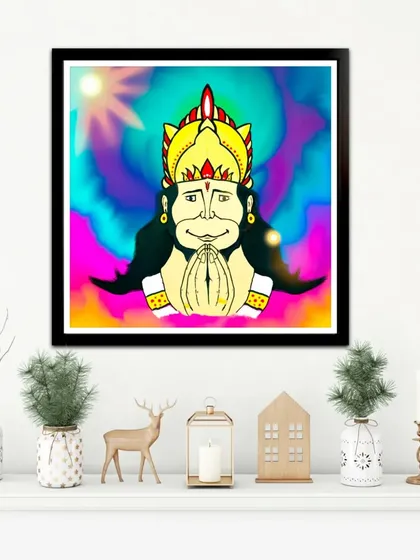 My digital painting of Lord Hanuman, framed and displayed in a home setting. The vibrant, multi-colored background adds a modern and joyful feel to this devotional artwork.