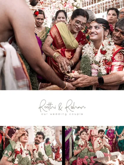 A collage of emotional and ritualistic moments from the wedding, showing the blessings of elders and the couple's participation in the ceremony, capturing the heart of the family connection.