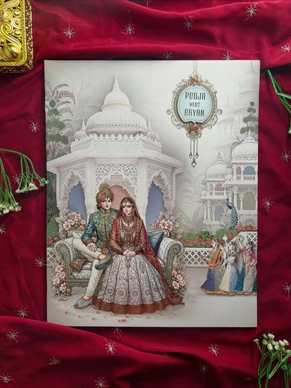 This invitation tells a story of love in a royal court, complete with palace gardens, peacocks, and attendants, all rendered in a soft, pastel palette.