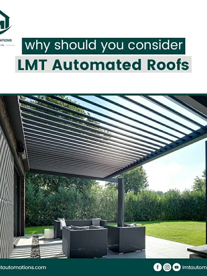 Considering an automated roof? This image highlights the sleek, modern aesthetic of our louvered pergola, seamlessly integrated into a garden patio for a perfect outdoor seating area.