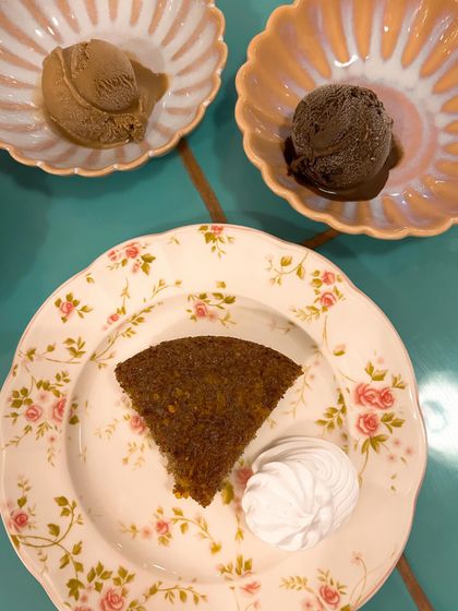 Dessert time at Rose Cafe. Their cakes and ice creams are legendary, and this photo captures the simple, homemade goodness they are known for.