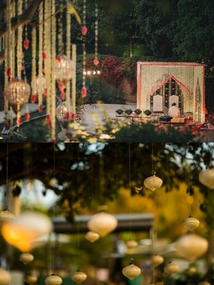 A collage showing the wedding stage and hanging lanterns, capturing the romantic and ethereal ambiance of the venue's decor.
