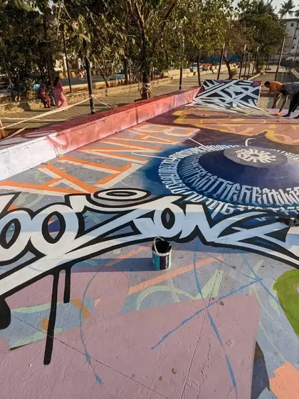 A ground-level view of my large-scale graffiti tag at the Carter Road skatepark. It was part of a huge collaboration organized by St+art India.