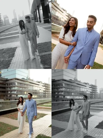 A stylish collage of the couple walking in a modern architectural setting. The mix of color and black and white adds a dynamic and artistic feel to their urban pre-wedding photos.