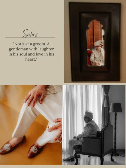 A creative collage of the groom's portraits, including a reflection shot and details of his attire, telling a story of his wedding day preparations.