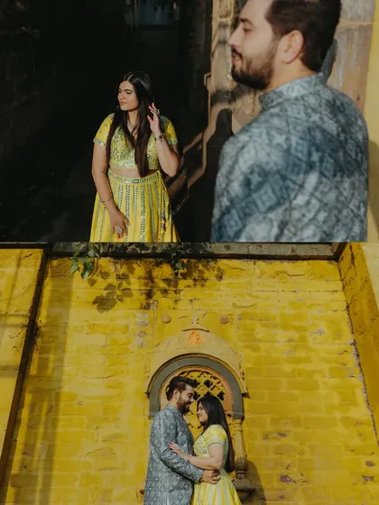 A diptych from a pre-wedding shoot in Nashik, capturing the couple in the city's old, colorful alleyways.
