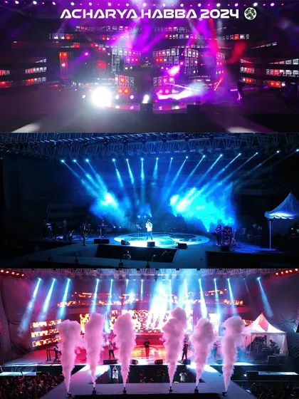 A dynamic collage from the Acharya Habba 2024 college fest, highlighting the impressive stage production. These shots focus on the vibrant spotlights, LED screen visuals, and pyrotechnic smoke effects that bring a live performance to life.