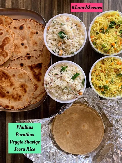 Lunch scenes from my kitchen. On the menu today are soft Phulkas and Parathas, with Veggie Shavige and Jeera Rice. Simple, healthy, and delicious.