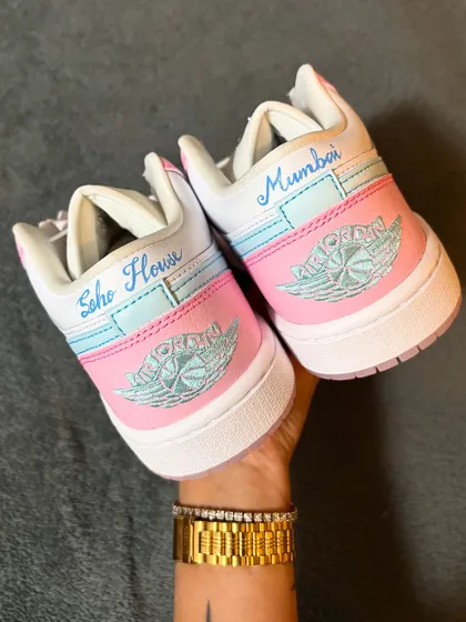 These custom Air Jordans were painted with a soft pink and blue pastel theme for Soho House Mumbai.