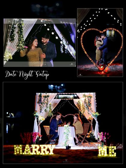 An album page showcasing a "Date Night Setup." This demonstrates how we can design a romantic, candlelit dinner scene for your pre-wedding photos, complete with a proposal sign.
