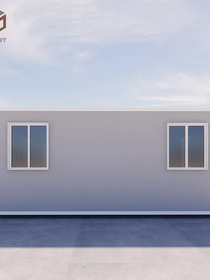 A side view render of the 30ft container house, showing its clean, rectangular form. This simple design serves as a blank canvas that we can customize to your exact specifications.