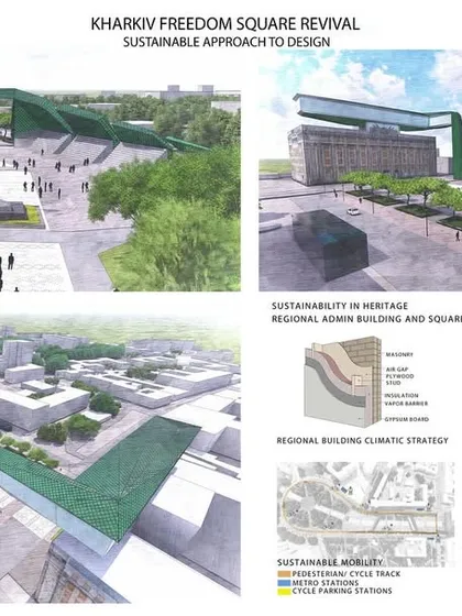 Our competition entry for the Kharkiv Freedom Square Revival. The design proposed a sustainable and symbolic approach to rebuilding a key public space, using a green "ribbon" to connect different zones.