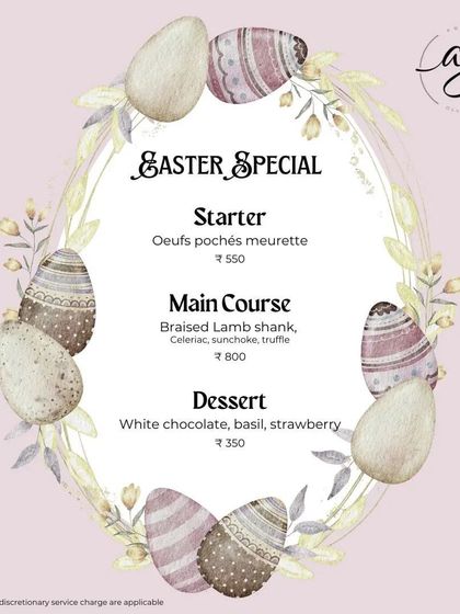 My Easter special menu is a three-course delight. It features Oeufs pochés meurette as a starter, a main course of Braised Lamb Shank, and a light dessert of white chocolate, basil, and strawberry.
