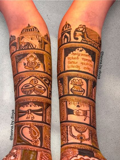 An intricate leg mehendi design that tells a story through various panels. It includes Ganesha, dhol, wedding vows written in Sanskrit, and other auspicious symbols.