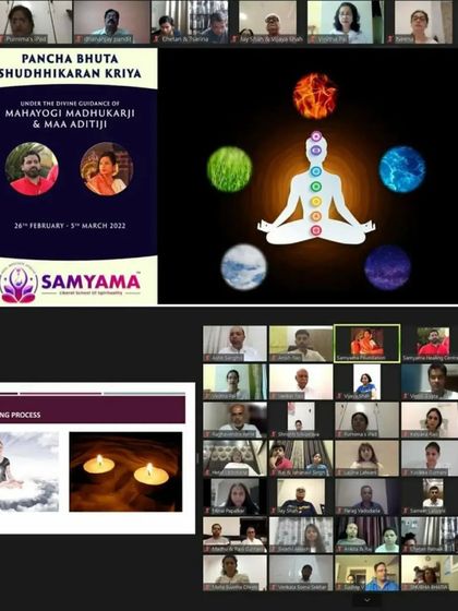 A collage from our online Pancha Bhuta Shuddhikaran Kriya, showing a presentation on the five elements and the Pranayam healing process. This highlights the educational component of our workshops, where we teach the principles behind the healing.