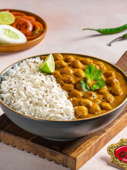A simple and hearty bowl of Chole Chawal from Gulab Sweets.