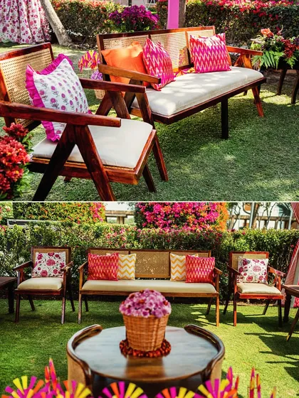 A collage showcasing the handpicked, stylish wooden furniture with colorful custom cushions used for the Mehendi lounge areas.