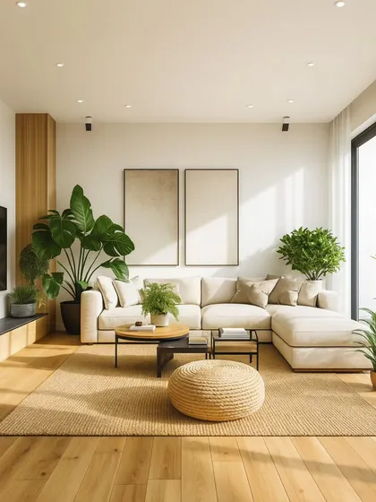 In this bright and airy living room, we used large statement plants like Monstera and Ficus to anchor the space and complement the natural wood and neutral tones of the decor.