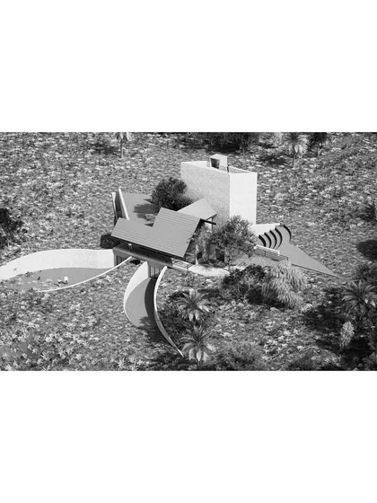 This black-and-white render shows an early concept for a weekend home designed to merge with its natural surroundings. The structure's wings extend into the landscape, creating a dynamic relationship between the built form and the forest.