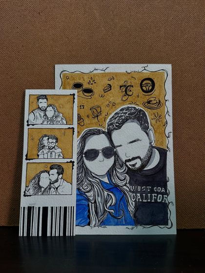 This shows a custom photo strip next to a larger A6 illustration, a popular combination for gifts. The client wanted to capture a main photo and a few other moments in the strip.