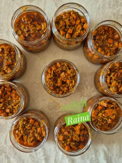 A batch of my fresh turmeric pickle, jarred and ready. Raw turmeric is known for its anti-inflammatory properties and other health benefits, making this pickle not just tasty but also very good for you.