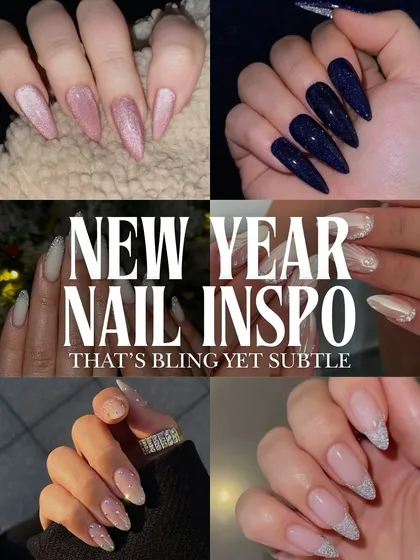 This inspiration board is for those who love bling that is still subtle. It features various New Year's Eve nail ideas with glitter, rhinestones, and chrome finishes in soft, elegant colors.