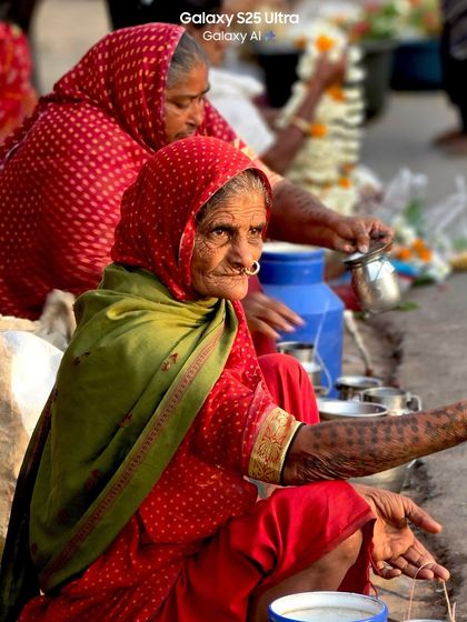 A candid shot of an elderly woman selling milk on the street, her expression full of character.