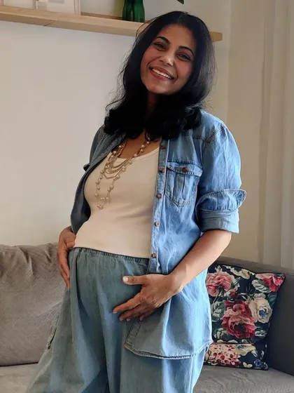 A casual, comfortable, and chic denim-on-denim look perfect for a weekend outing. My styling approach ensures you don't have to give up your favorite styles, we just adapt them for your bump.
