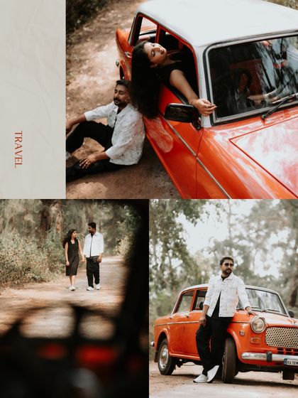 A stylish collage from a vintage travel-themed shoot, capturing different angles of the couple and the classic car.