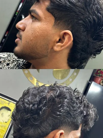 A before and after comparison showing the side profile of the curly hair mullet, highlighting the clean lines around the ear.