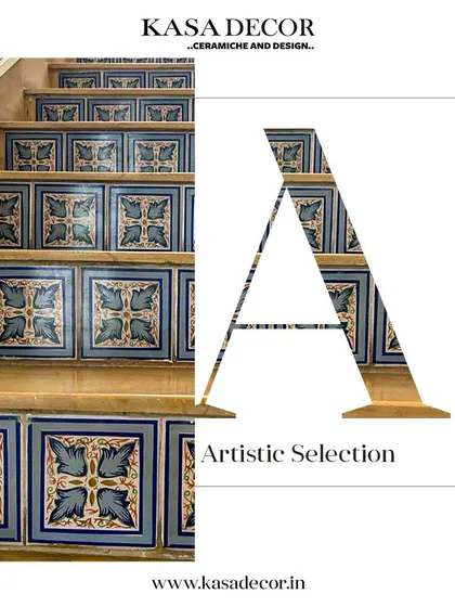 An artistic selection of riser tiles with a classic blue-and-white floral pattern. This design choice adds a touch of timeless charm and personality to the staircase.