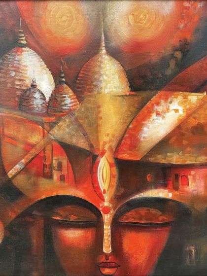 Titled 'SHAKTI-IV', this 30x40 inch acrylic on linen painting is an abstract representation of divine feminine energy, glowing in warm reds and oranges.