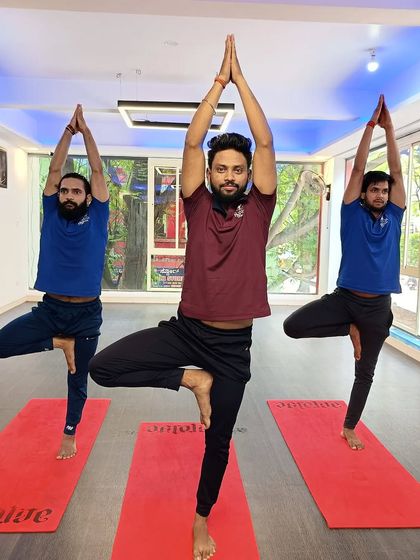 Three instructors hold Vrksasana (Tree Pose), demonstrating the stability and grace that comes with practice.