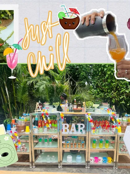A collage showcasing the vibrant bar and drink service at a poolside party. I set up a fully equipped bar with professional bartenders shaking and pouring a variety of colorful cocktails and mocktails to keep guests refreshed.