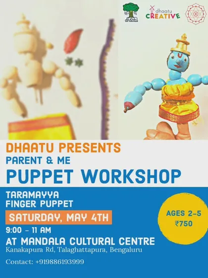 Our "Parent & Me" workshop is designed for our youngest creators, ages 2 to 5. This poster highlights one of our most popular sessions where parents and toddlers can bond while making simple, charming finger puppets together.
