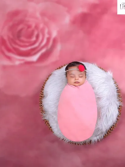 A simple and elegant shot of a baby in a pink swaddle, resting in a basket against a soft-focus pink rose background.