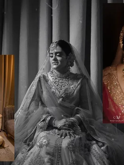 A collage of beautiful bridal portraits, featuring a mix of couple shots and solo black and white images that exude timeless elegance.