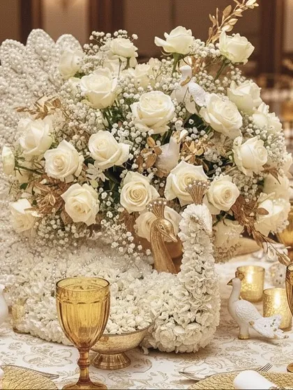 An exquisite peacock-shaped centerpiece crafted from delicate white baby's breath, pearls, and fresh white roses. This piece of art sits on an elegant table setting with gold-rimmed plates and amber goblets, defining understated luxury and intricate craftsmanship.