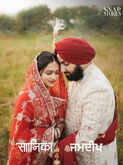 A close-up, artistic portrait of the couple. The overlay of their names in Punjabi adds a personalized and modern touch to this traditional wedding photo.