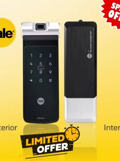 This promotional image highlights the exterior and interior units of the Yale YDR 50 GA smart lock. Its versatile design is especially suitable for metal gates, providing a secure and convenient access solution for your property's perimeter.