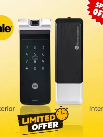 This promotional image highlights the exterior and interior units of the Yale YDR 50 GA smart lock. Its versatile design is especially suitable for metal gates, providing a secure and convenient access solution for your property's perimeter.