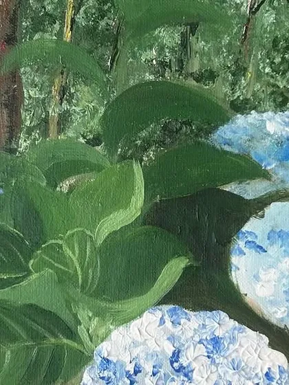A painting of blue hydrangeas in a forest setting, created during an art camp in Wayanad, Kerala. Painting outdoors, or 'en plein air,' is a wonderful experience.