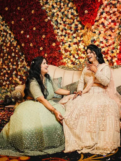 Capturing the joy between two sisters I styled for a wedding. Both clients received custom HD makeup looks that complemented their individual styles and pastel lehengas, ensuring they looked and felt their best.